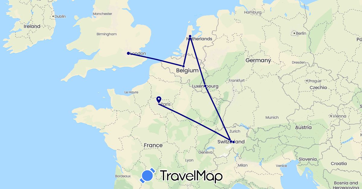 TravelMap itinerary: driving in Belgium, Switzerland, France, United Kingdom, Luxembourg, Netherlands (Europe)