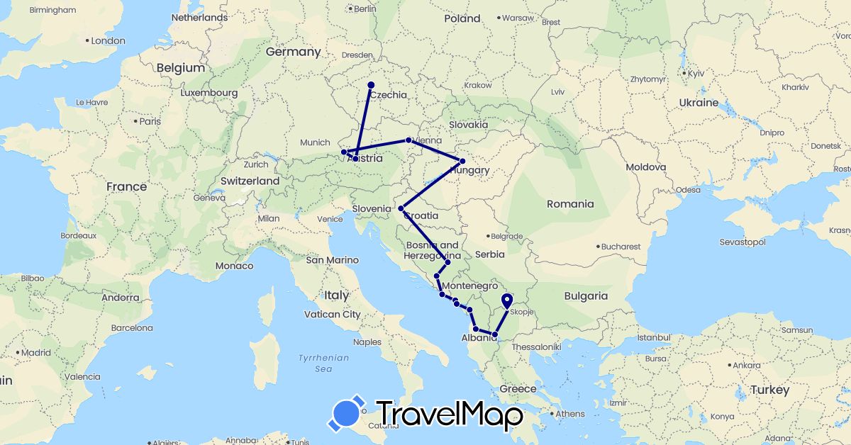 TravelMap itinerary: driving in Albania, Austria, Bosnia and Herzegovina, Czech Republic, Croatia, Hungary, Montenegro, Macedonia (Europe)