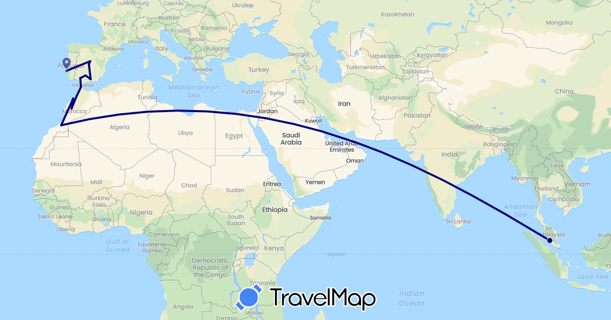 TravelMap itinerary: driving in Spain, Morocco, Malaysia, Portugal (Africa, Asia, Europe)