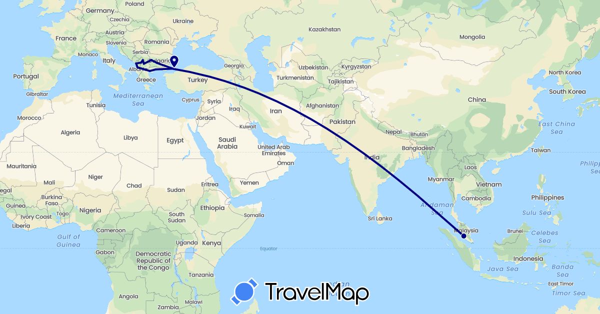 TravelMap itinerary: driving in Albania, Bulgaria, Greece, Macedonia, Malaysia, Turkey, Kosovo (Asia, Europe)