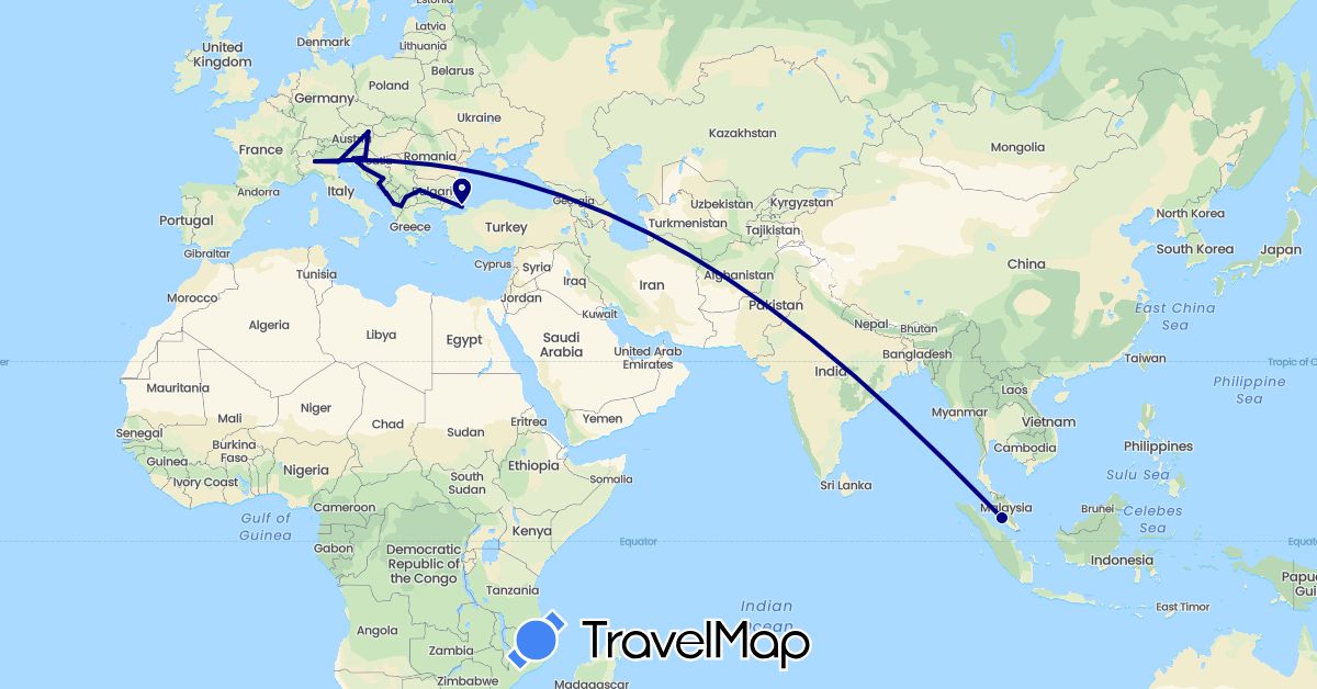 TravelMap itinerary: driving in Albania, Austria, Bosnia and Herzegovina, Bulgaria, Croatia, Italy, Montenegro, Macedonia, Malaysia, Slovenia, Turkey (Asia, Europe)